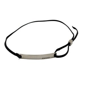 Gucci Sterling Silver Logo Bar Black Leather Cord Adjustable Necklace Italy
